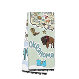Oklahoma themed cotton tea towel with colorful Fish-Kiss design and state landmarks.