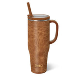 Swig Saddle Stitch Cognac 40oz Mega Mug with faux leather texture and straw lid.