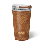 Swig Saddle Stitch Cognac 24oz party cup with faux leather texture and slider lid.