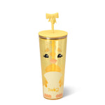 Buttercup yellow spring chick plastic tumbler with straw lid and festive seasonal design.