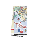 Texas themed cotton tea towel with colorful Fish-Kiss design and state landmarks.