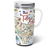 Swig Texas travel mug with handle, stainless steel design, and colorful Texas Fish-Kiss artwork.