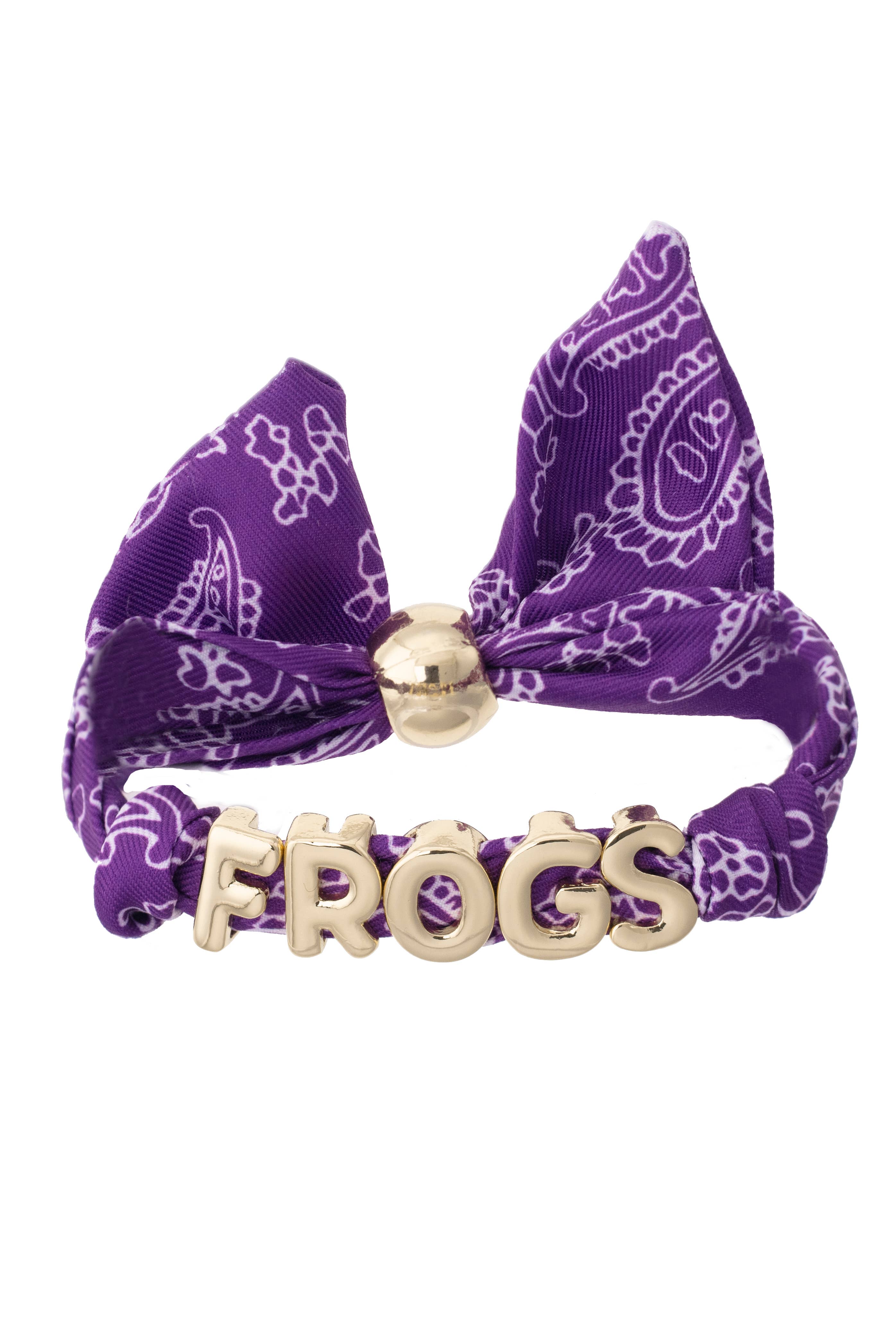 TCU bandana slider bracelet with gold FROGS letter charms and adjustable fabric band.