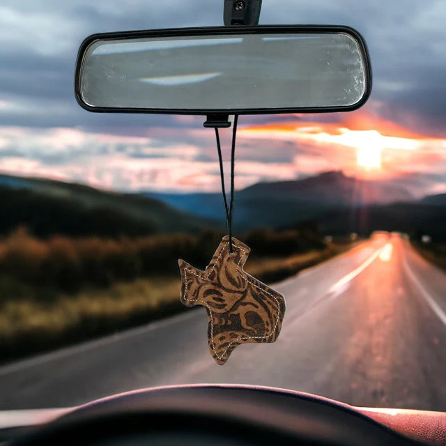 Texas-shaped hair-on-hide and leather car freshener charm, stitched wrangler design