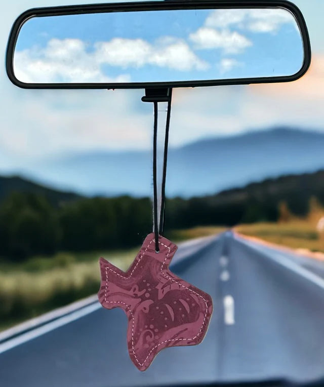 Texas-shaped hair-on-hide and leather car freshener charm, stitched design