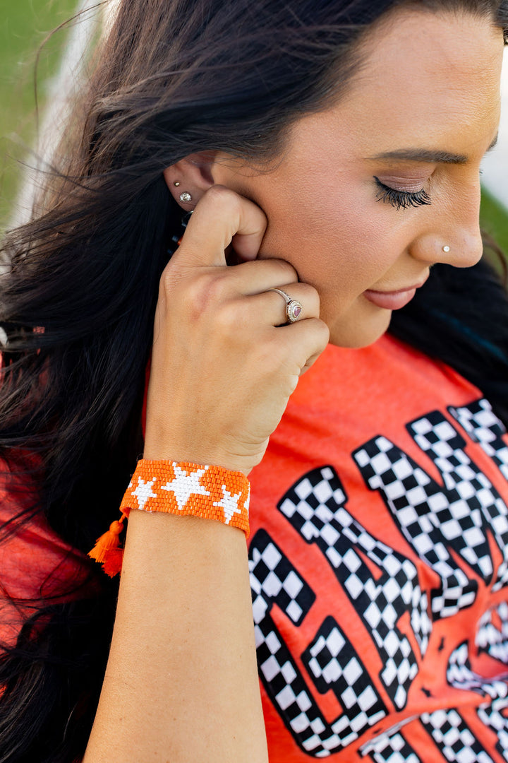 Orange & White Star Beaded Bracelet