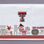 Texas Tech tea towel with Double T logo and Red Raider themed illustrations and stripes