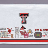 Texas Tech tea towel with Double T logo and Red Raider themed illustrations and stripes