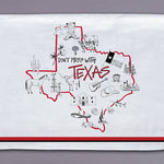 Texas state tea towel with boots, longhorns, flags, and red stripe design