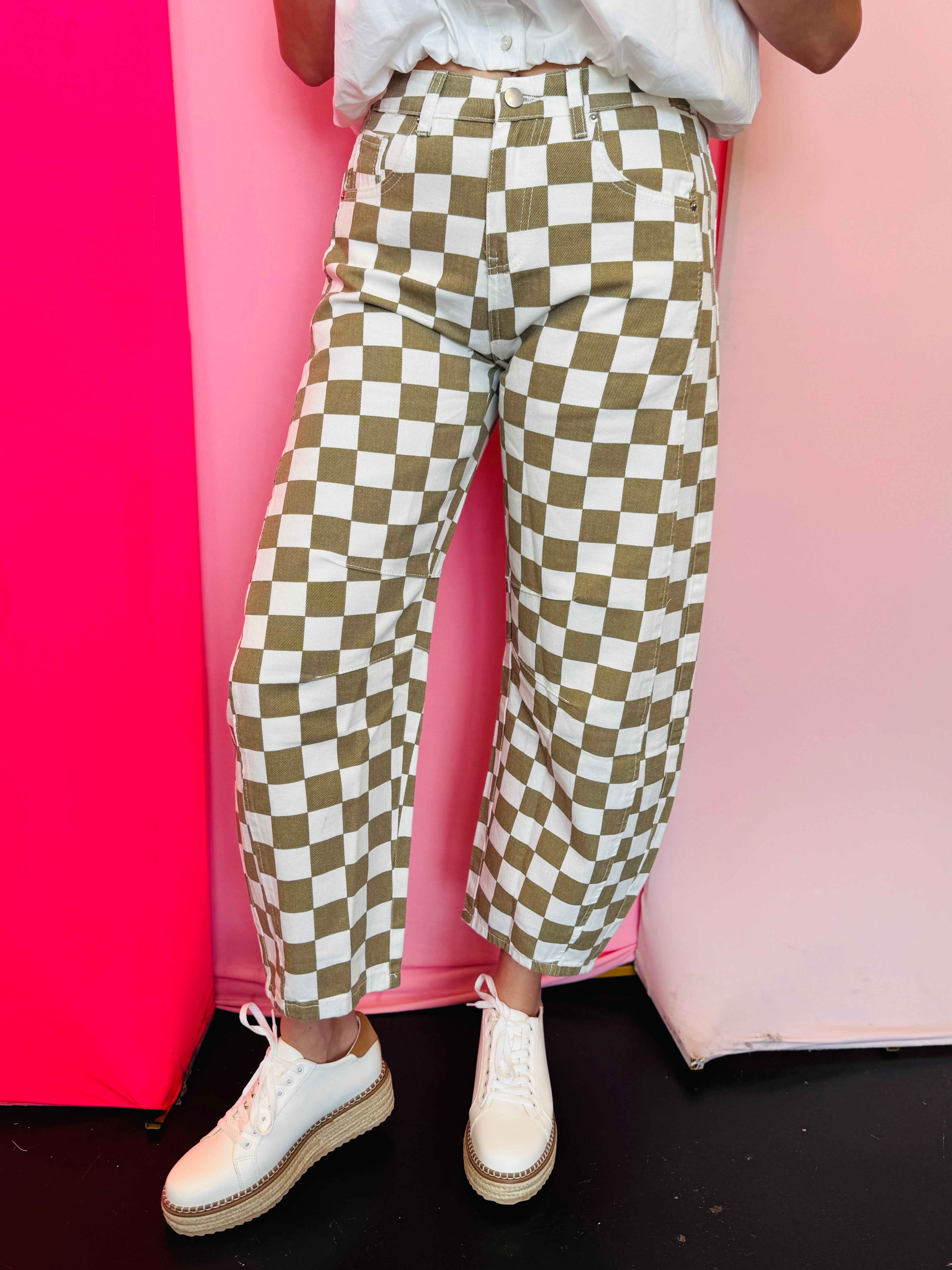 Tan and white checkered barrel jeans with high waist and front pockets.