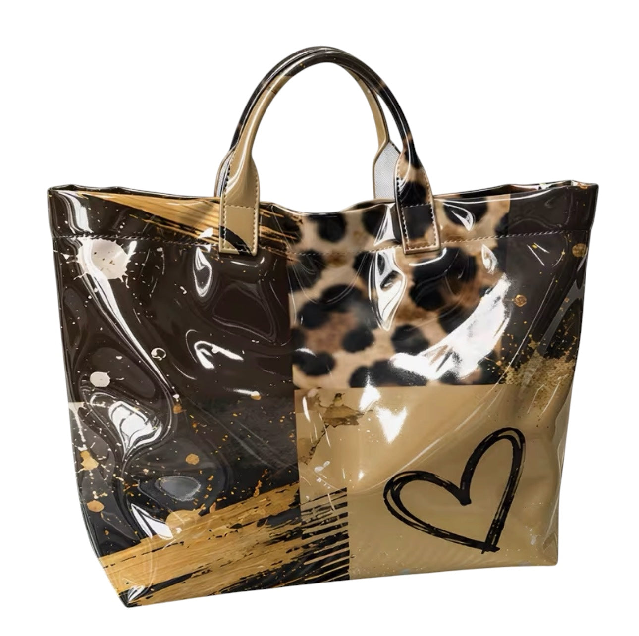 Taupe leopard color block PVC tote bag with heart graphic.