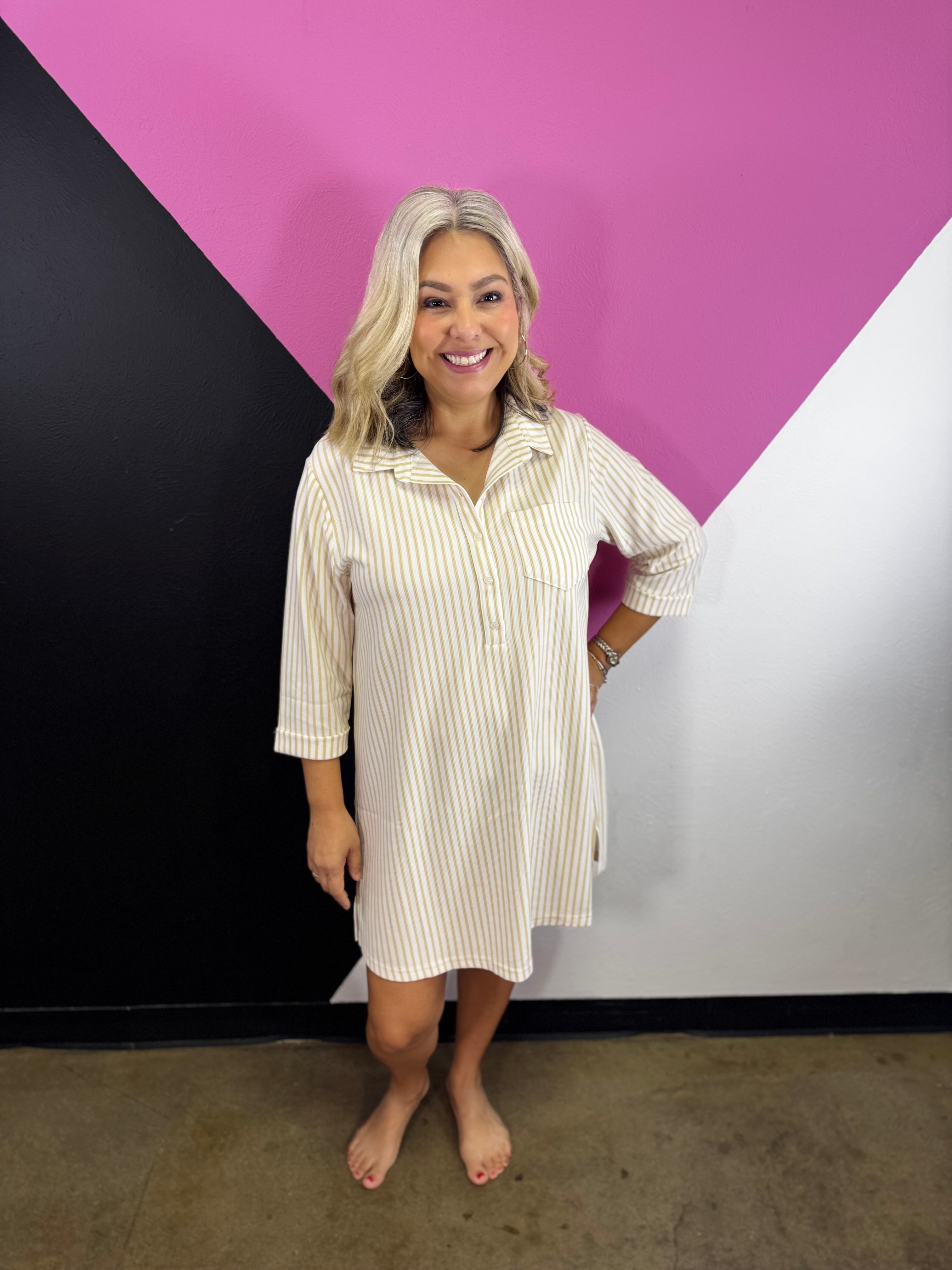 Taupe striped collared shirt dress with button front, chest pocket, and three-quarter sleeves