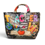 Teacher tote bag with colorful patchwork lettering, books, globe, pencils, ruler, and apple graphics.