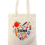 Teacher Shoulder Bag with bold "TEACHER" text and colorful school icons in a circular pattern.