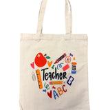 Teacher Shoulder Bag with bold "TEACHER" text and colorful school icons in a circular pattern.