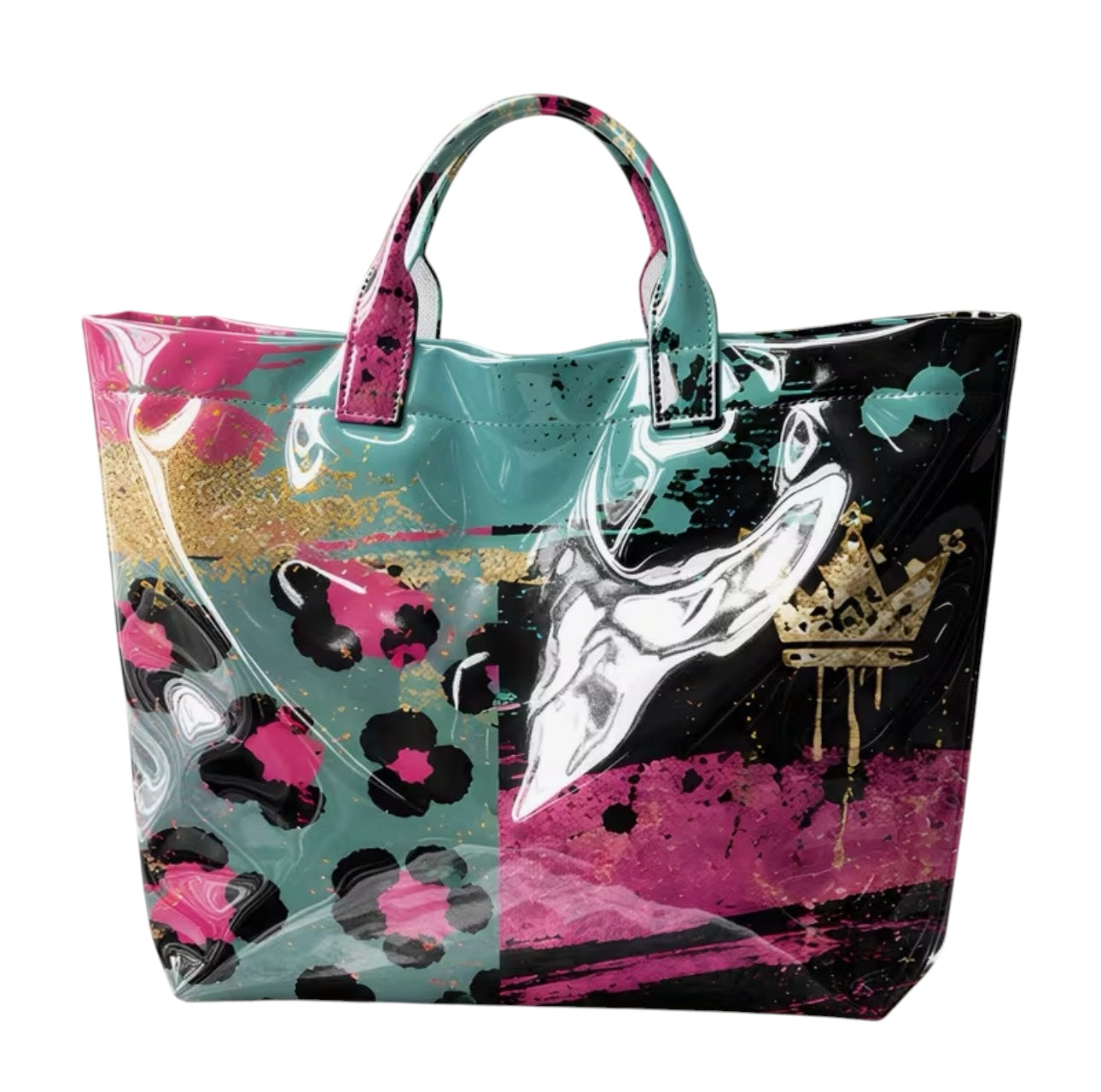 Teal hot pink leopard color block PVC tote bag with heart graphic.