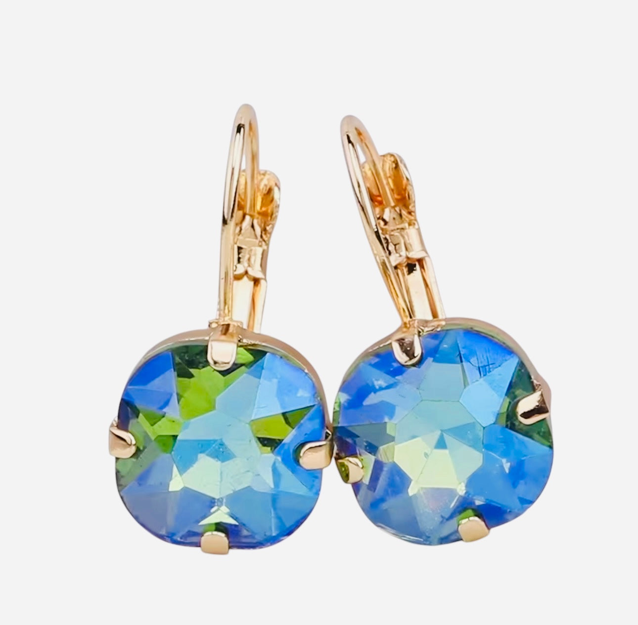 Gold tone drop earrings with faceted iridescent teal gemstone and fishhook ear wire.