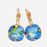 Gold tone drop earrings with faceted iridescent teal gemstone and fishhook ear wire.