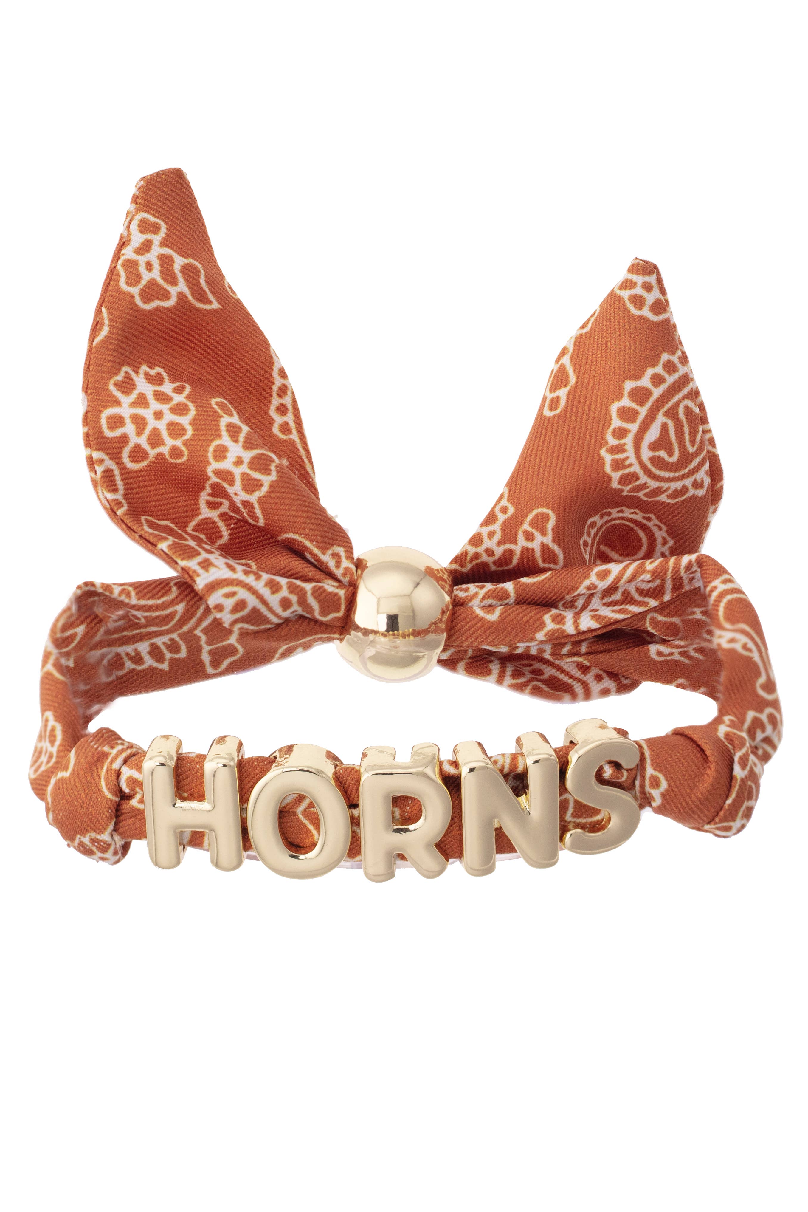 Texas Longhorns bandana slider bracelet with gold HORNS charms and adjustable fabric band.