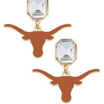 Gold Texas Longhorns enamel logo earrings surrounded by sparkling rhinestones.