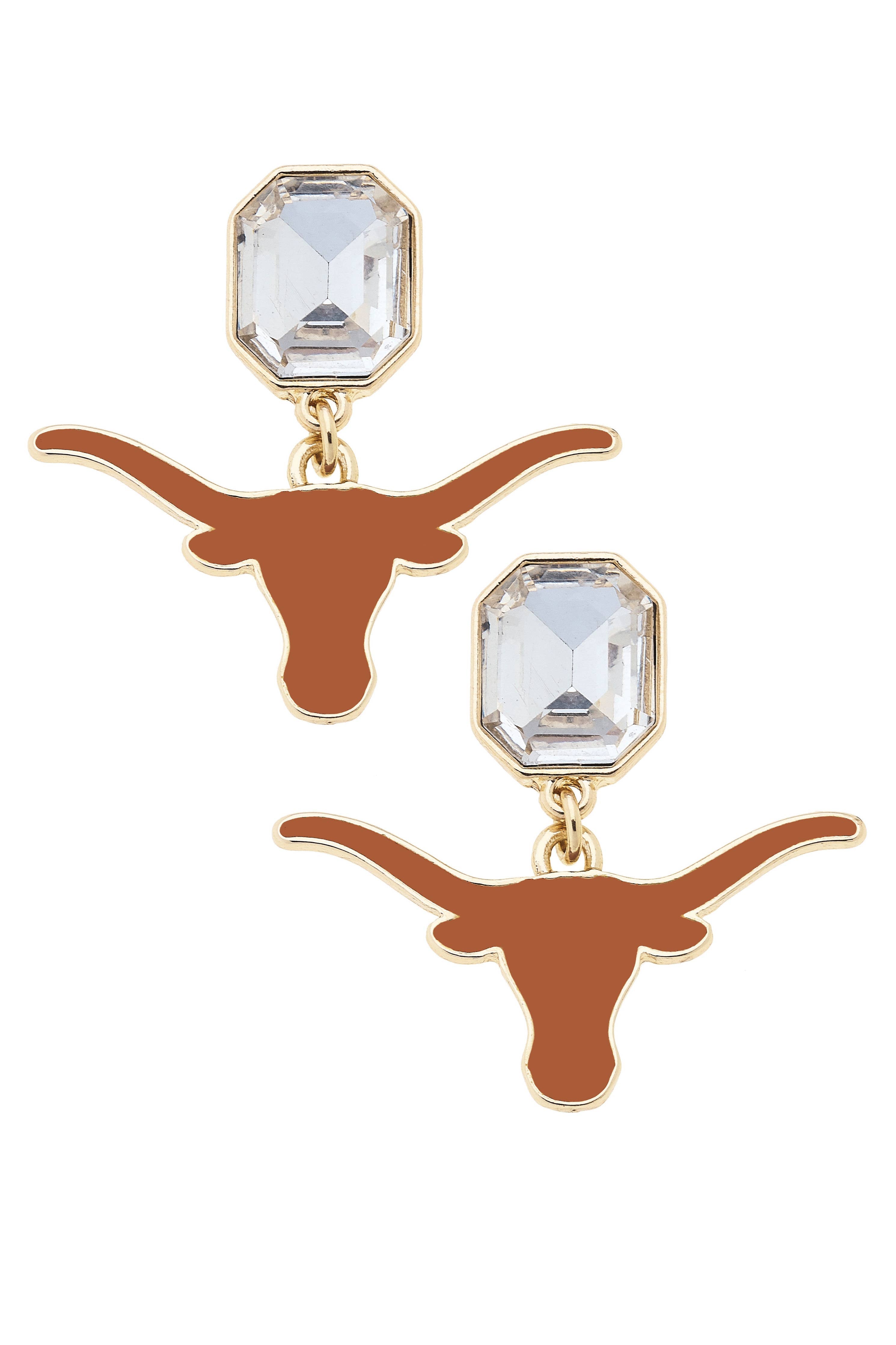 Gold Texas Longhorns enamel logo earrings surrounded by sparkling rhinestones.