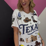 Texas sequin top with colorful Texas icons and sparkling back graphic.