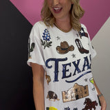 Texas sequin top with colorful Texas icons and sparkling back graphic.