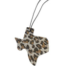 Texas-shaped hair-on-hide and leather car freshener charm, stitched cheetah design