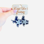 Texas-shaped navy earrings with rhinestones and silver glitter star, perfect for Cowboys fans.