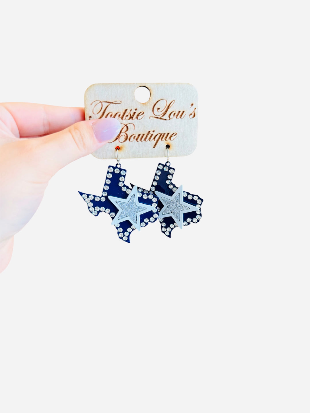 Texas-shaped navy earrings with rhinestones and silver glitter star, perfect for Cowboys fans.