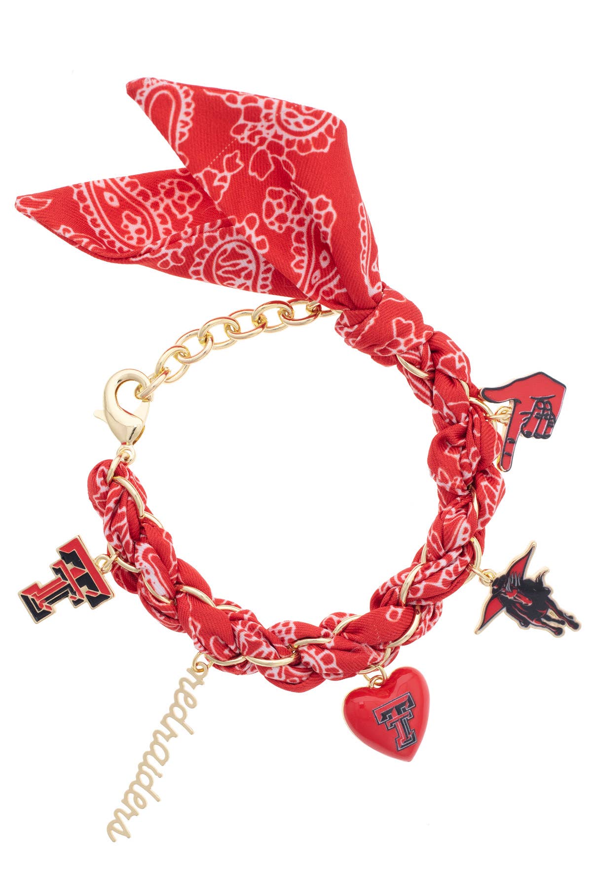 Texas Tech bandana charm bracelet with Red Raiders-inspired charms and fabric accents.