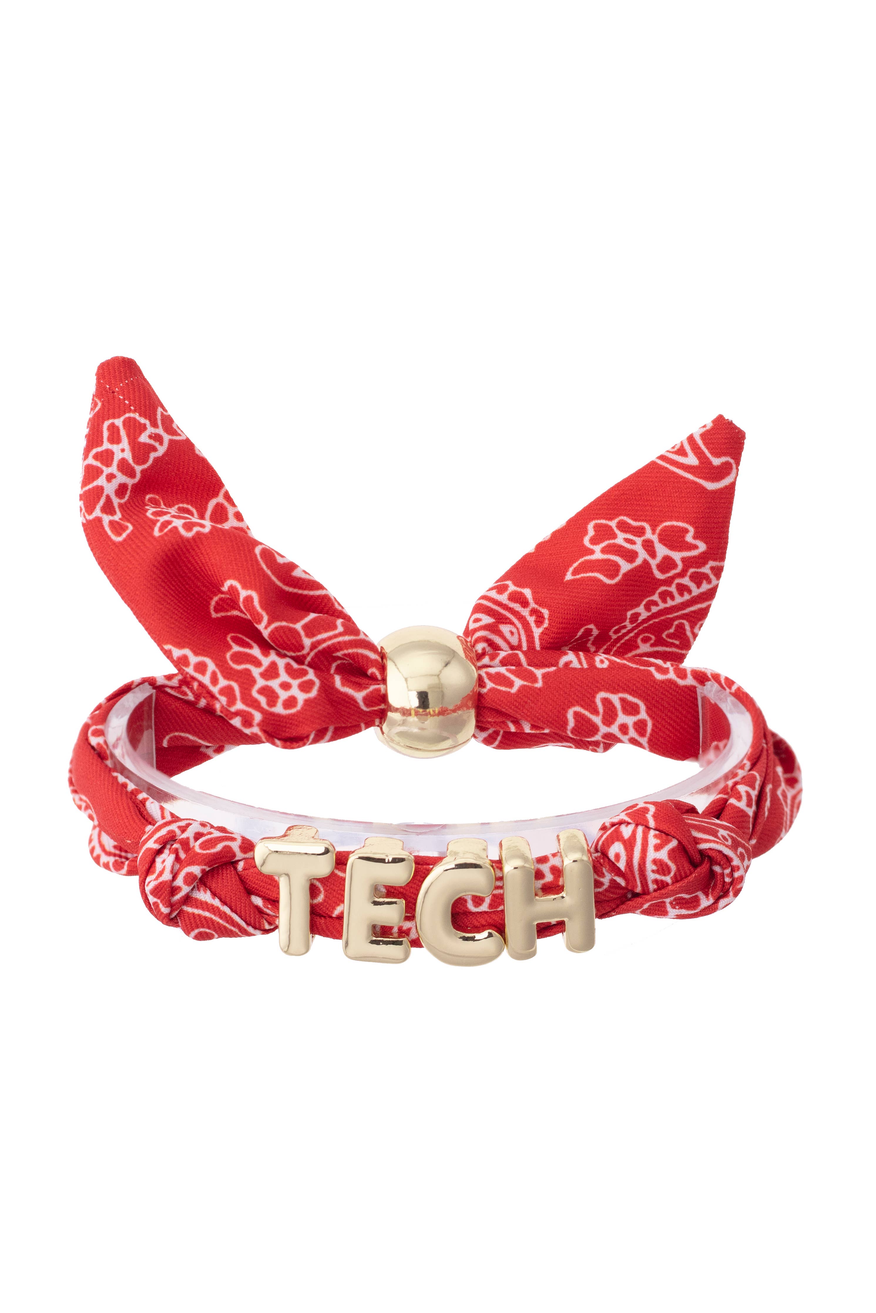 Texas Tech bandana slider bracelet with gold TECH letter charms and adjustable fabric band.