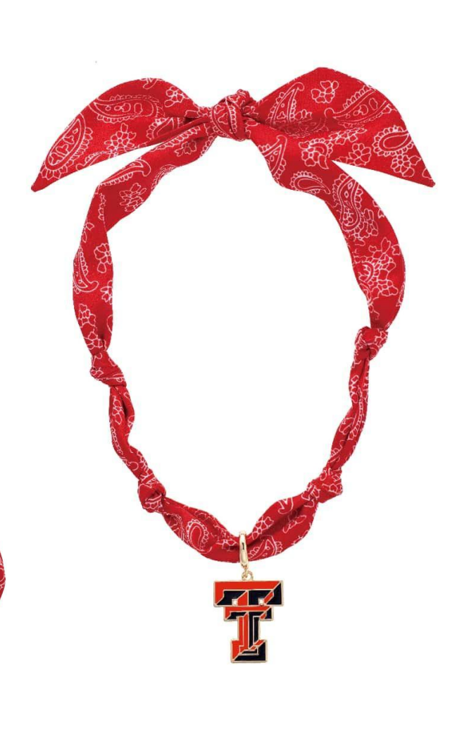 Texas Tech Red Raiders bandana scarf necklace with shiny gold logo detail.