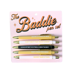 Set of five black ink pens with bold, empowering baddie-themed sayings, perfect for confident, stylish women.