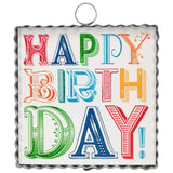 Mini Gallery Happy Birthday metal sign with colorful playful lettering on a clean white background