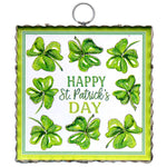 Mini metal St. Patrick’s Day sign with green clovers and scalloped edges.