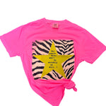 Hot Pink Tee with zebra graphic, green star, and "The stars were made to worship, so will I" text.