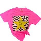 Hot Pink Tee with zebra graphic, green star, and "The stars were made to worship, so will I" text.