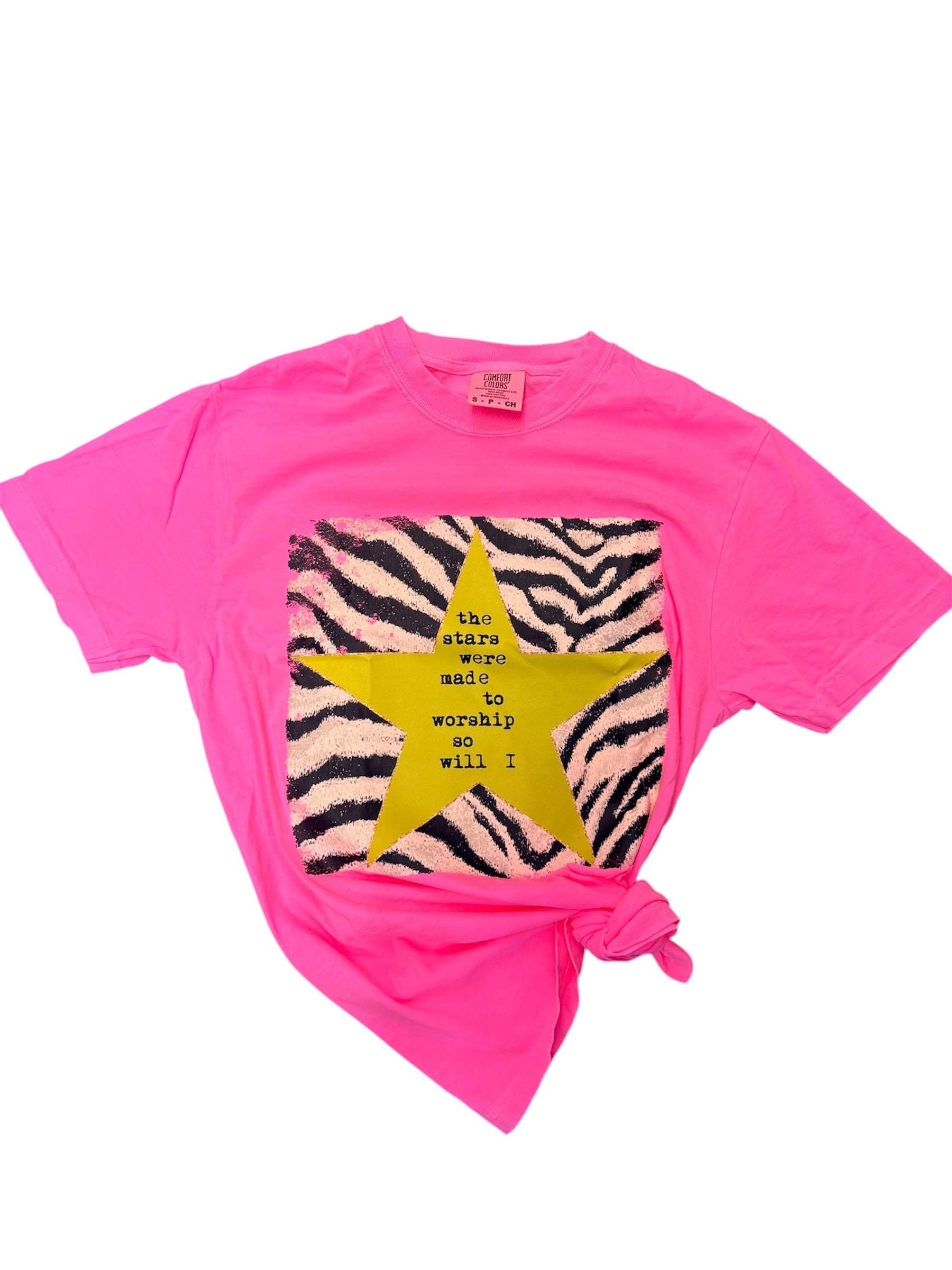 Hot Pink Tee with zebra graphic, green star, and "The stars were made to worship, so will I" text.
