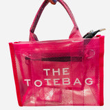 Pink transparent tote bag with adjustable shoulder strap and spacious design.