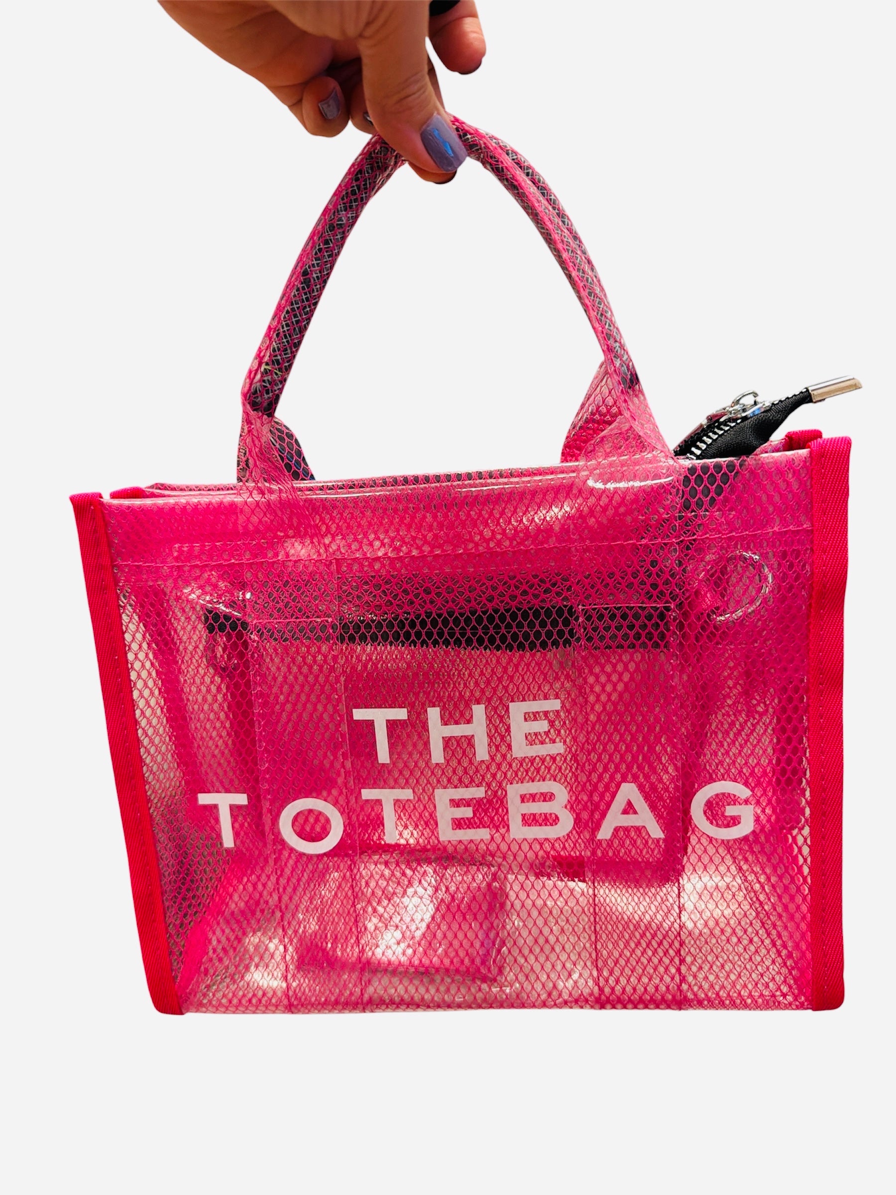 Pink transparent tote bag with adjustable shoulder strap and spacious design.