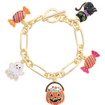 Colorful enamel charm bracelet featuring playful Halloween-inspired designs.