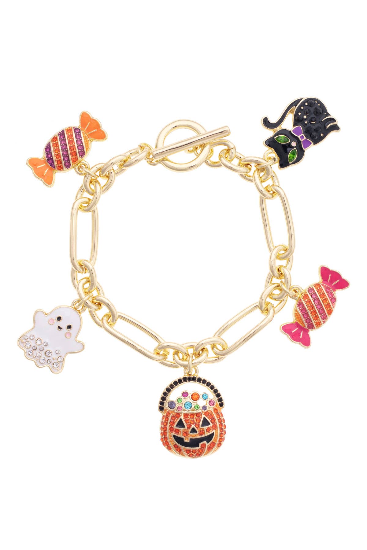 Colorful enamel charm bracelet featuring playful Halloween-inspired designs.