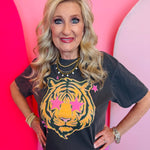Charcoal tiger tee with pink star eyes and scattered stars