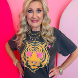 Charcoal tiger tee with pink star eyes and scattered stars