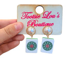 Pearl stud earrings with gold bezels and white mahjong tile charms.