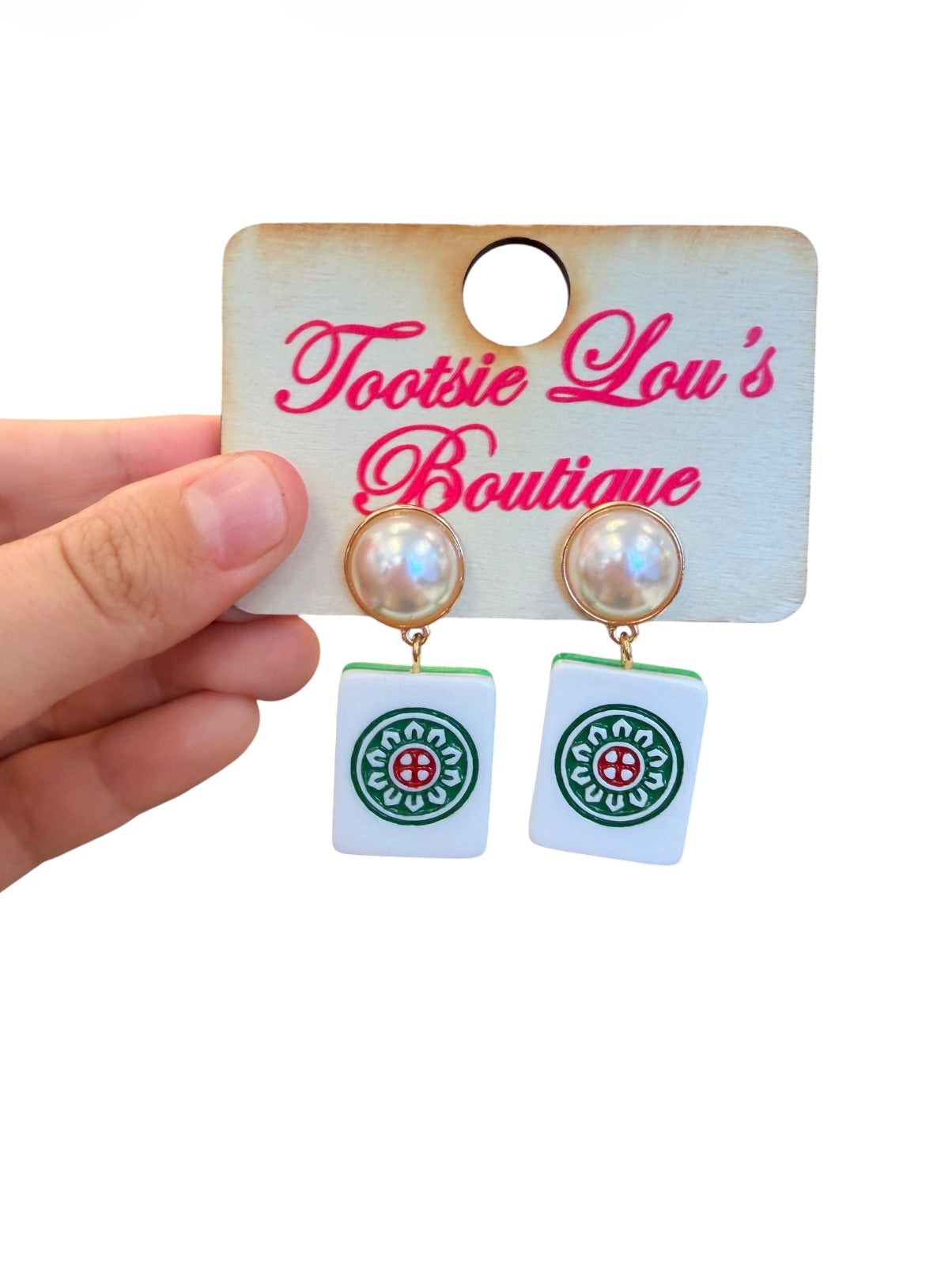 Pearl stud earrings with gold bezels and white mahjong tile charms.