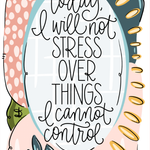 White cotton tea towel with embroidered “Today I Will Not Stress” quote and simple decorative accents.