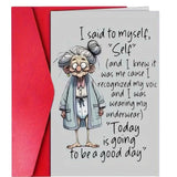 Gray 4 x 6 greeting card with cartoon graphics and funny good day quote.