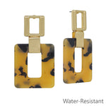 Tortoise acrylic gold square earrings, 2 inch, water resistant and lightweight
